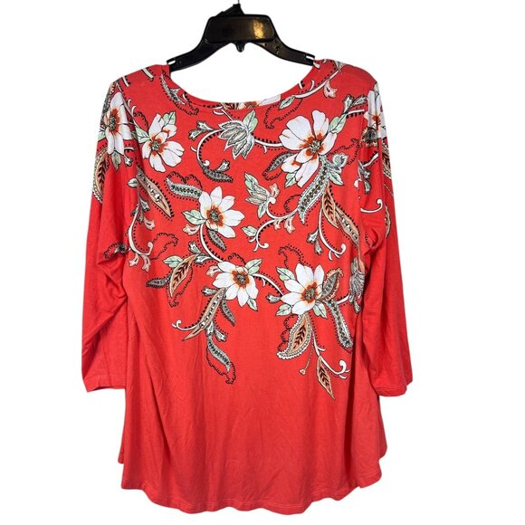 JM Collection Womens Size 1X Coral Floral Print 3/4 Sleeve Top - Picture 7 of 11